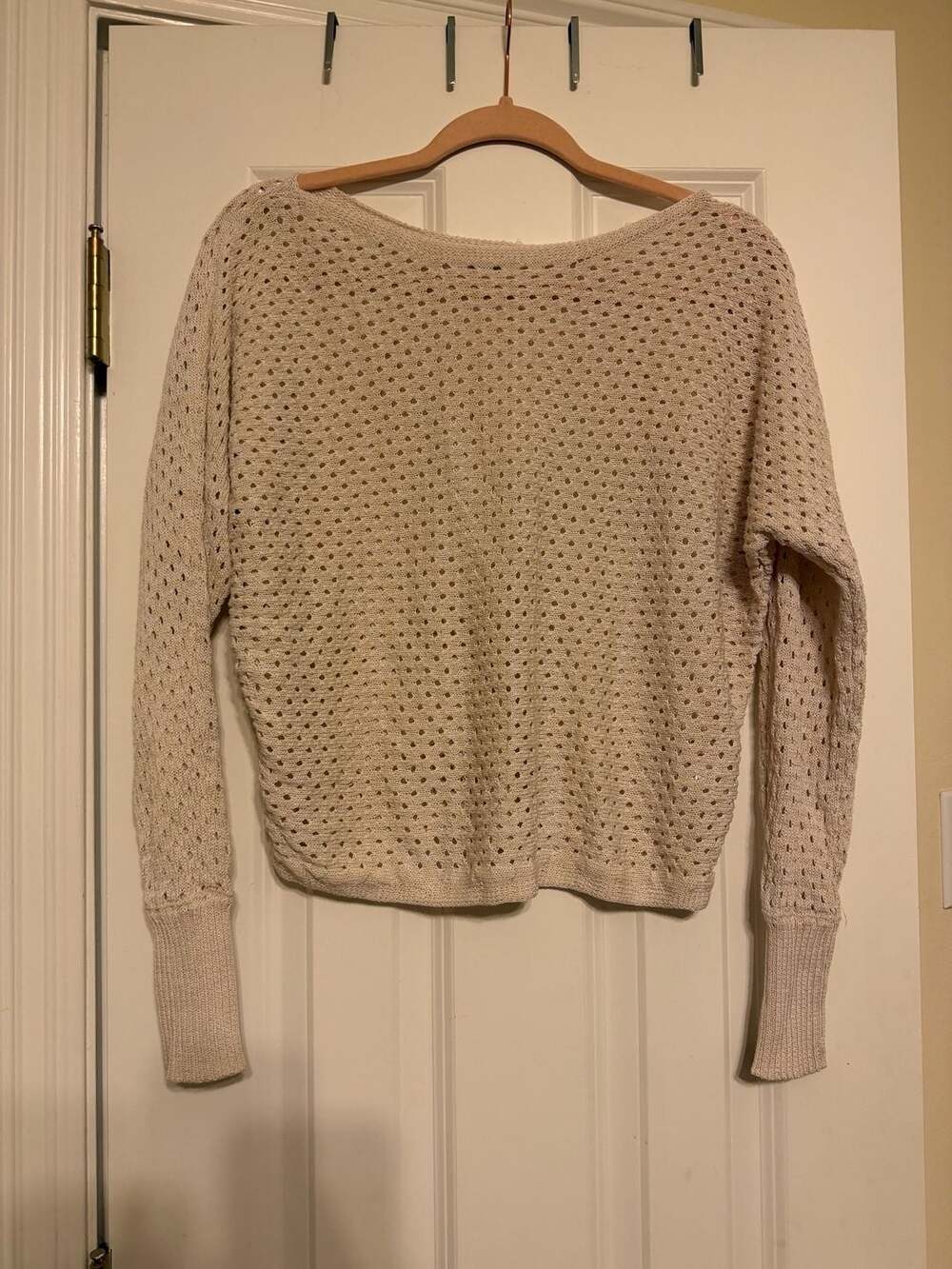 ee:some Women's Beige Pointelle Open-Knit Boat Neck Long Sleeve Pullover Sweater